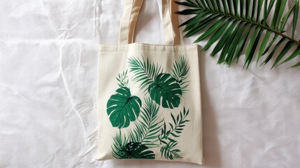 Eco-Friendly Canvas Tote Bag with Tropical Leaf Print on White Background for Sustainability