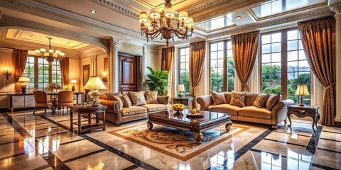 Vintage Luxury Living Room: Marble Floors & Sunlit Windows