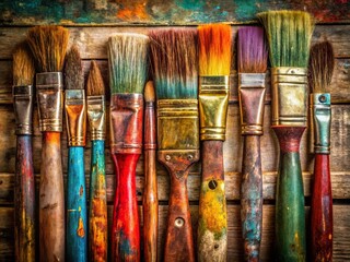 Fototapeta premium Vintage Paintbrushes with Colorful Stains - Artistic Stock Photo
