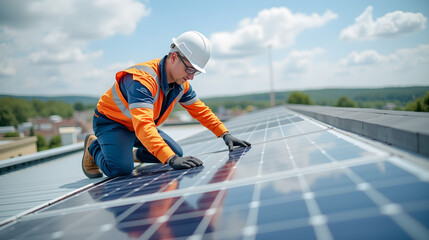 solar technician kneeling on industrial roof while adjusting photovoltaic panel, captured mid-task
