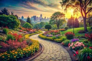 Obraz premium Vintage Park Path: Winding Stone Walkway, Lush Greenery, City Skyline View