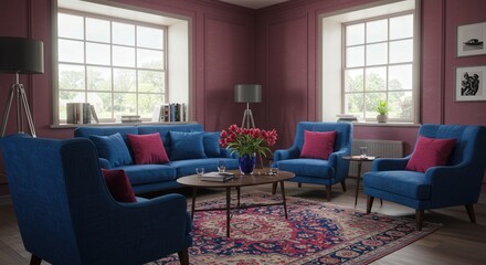 Luxurious Living Room with Blue Furniture, Red Accents, and Floral Arrangement