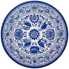 Fototapeta premium Round blue and white ceramic plate with ornate floral and bird design