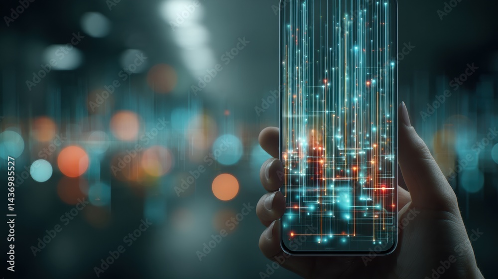 Poster Hand Holding Smartphone Projecting Holographic Interface in a Modern Tech Setting During Nighttime