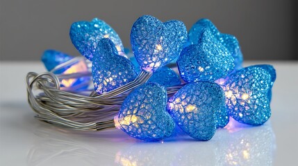 Fototapeta premium A cluster of blue heart-shaped lights with warm white bulbs