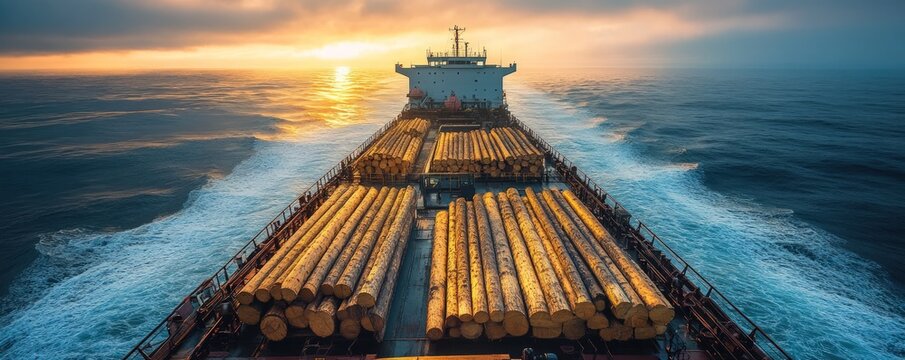 Cargo ship loaded with timber at sunset