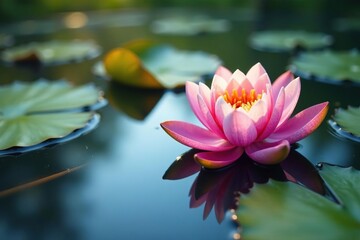 Intricate water lilies bloom across serene lake surface, colorful, floral pattern, blue