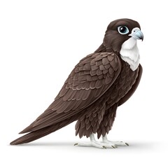 Fototapeta premium A detailed illustration of a brown falcon with white markings on its chest and blue eyes, standing on a white background
