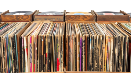 Vintage Vinyl Record Store with Rows of Records and Turntable Equipment