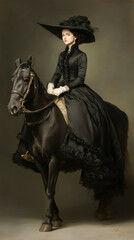 Elegant Woman in Black Dress Horse Riding: Vintage Fashion in Historical Attire with Majestic Horse and Sophisticated Style