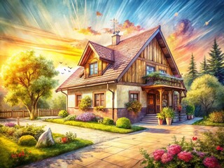 Fototapeta premium Vintage Village House: Detailed Architectural Sketch Coloring Book Illustration, Long Exposure Photography