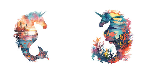 Obraz premium silhouette sea horse with underwater scene inside watercolor vector illustration