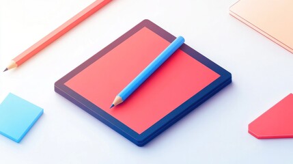 Red tablet, pencils, stationery, white background, design
