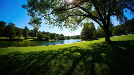Beautiful scene of a sunny day showing lush green grass spread around a serene lake, with tall trees adding to the natural beauty, taken with a wide-angle lens. Tranquil and refreshing nature view.