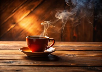 Obraz premium Warm Coffee Steam Rising from Mug on Rustic Wooden Table - Cozy Morning Drink