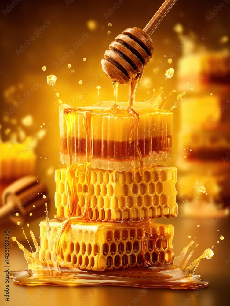 Poster delicious honeycomb dessert dripping with golden honey in a vibrant and inviting setting