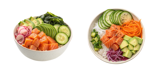 Two delicious poke bowls with salmon and fresh vegetables on a transparent background png food design tope view, side view  