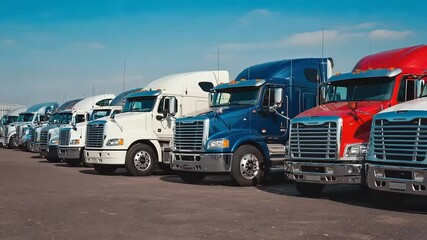 A row of big rigs parked under a clear sky
