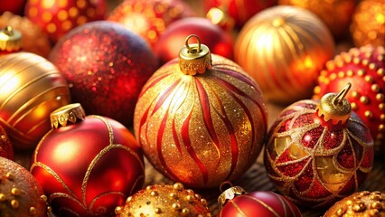 Watercolor Christmas Ornament Balls, Festive Holiday Decorations, Winter, Xmas, Red & Gold Baubles