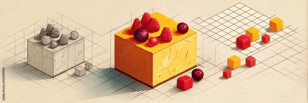 Poster delicious isometric cake slice with vibrant fruit cubes and shadow grid on a neutral background