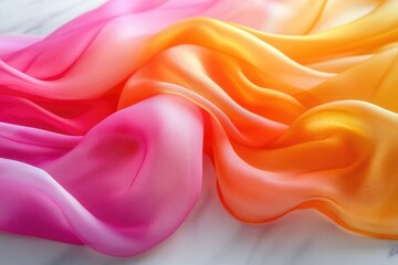 Obraz premium Elegant flowing fabric in vibrant hues of pink, orange, and yellow creates a soft, luxurious abstract.
