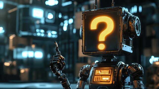A robot with a glowing question mark on its screen