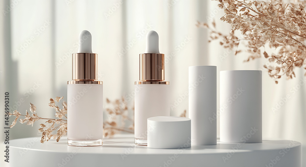 Aufkleber elegant skincare product display featuring minimalist bottles and droppers with a soft natural backg