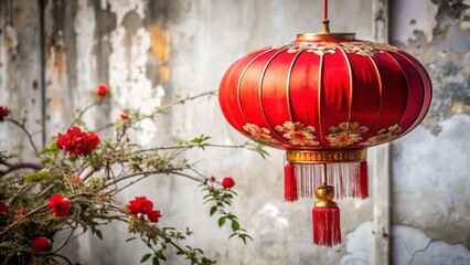 Watercolor Red Chinese Lantern with Floral Accents & Tassels - Festive New Year Decoration