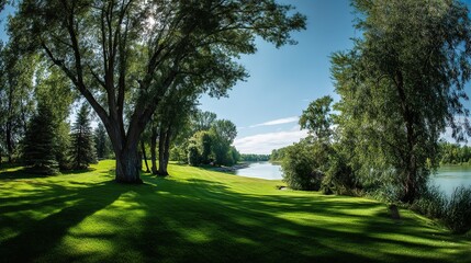 Obraz premium Beautiful scene of a sunny day showing lush green grass spread around a serene lake, with tall trees adding to the natural beauty, taken with a wide-angle lens. Tranquil and refreshing nature view.