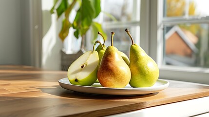 a bowl of pears on a table