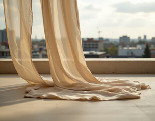 Soft, flowing curtain drapes elegantly on balcony, casting gentle shadows on floor while overlooking serene urban landscape. warm light enhances tranquil atmosphere