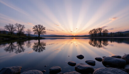 Fototapeta premium Tranquil landscape showcasing stunning sunset over calm lake, with rays of sunlight breaking through clouds and reflecting water surface. scene is framed by trees and smooth stones foreground