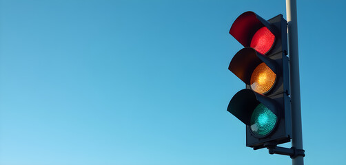 Traffic light signals vivid colors against a clear blue sky a vibrant urban scene
