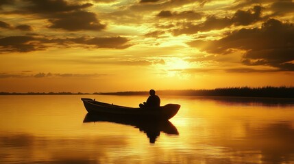 Fototapeta premium Golden Serenity: Solitary Boat Journey at Sunset on a Tranquil Lake