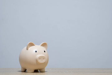 A simple piggy bank stands on a wooden surface against a plain background, symbolizing savings and financial management for individuals and families.