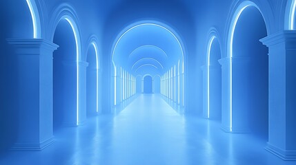 Obraz premium Empty blue neon archway corridor design