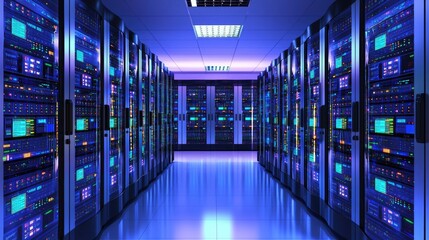 Fototapeta premium Advanced server room glowing with vivid blue lights and colorful control panels, featuring futuristic racks and polished floors, perfect for AI, cloud, and cybersecurity themes