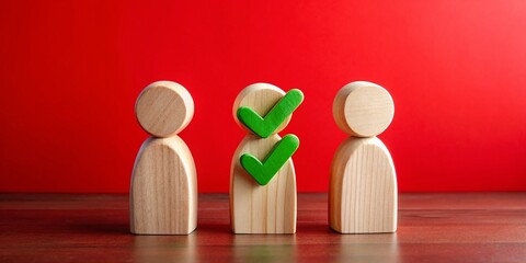 Wooden Figures Success Checkmark Red Background - Quality Stock Photo