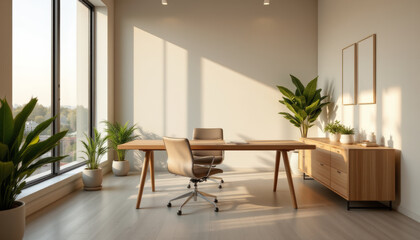 Modern office interior showcases spacious design with wooden desk, ergonomic chair, and decorative plants, creating serene and productive atmosphere