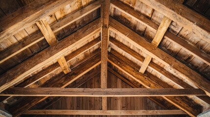 A rural countryside house frame with wide wooden beams.
