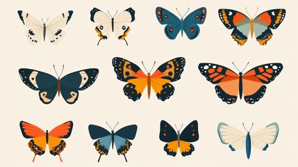 Fototapeta premium Colorful butterfly collection, nature background, illustration, educational use