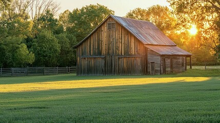 Obraz premium A rustic wooden frame of a barn-style house with golden hour lighting.
