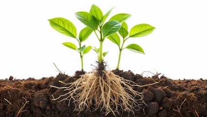 Young Green Plant Sprout with Roots Isolated on White Background - Botany, Agriculture, Education