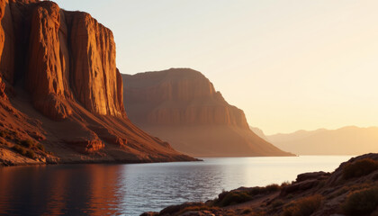 Tranquil sunset illuminates towering cliffs beside calm lake, creating picturesque landscape that evokes sense of peace and serenity