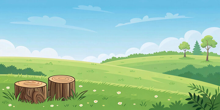 A vibrant cartoon landscape of rolling hills with a clear blue sky, featuring cheerful green hills, fluffy clouds, and cut tree stumps.