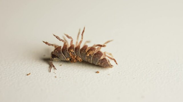Common pillbug or sow bug moving its little legs upside down. Macro close up. Pill woodlouse or pill bug. Woodlice Armadillidium vulgare has chitin body and roll into a ball to defence from predators