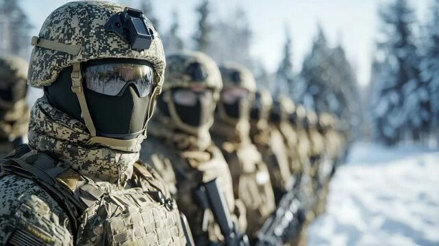 United in Winter: A regimented row of soldiers stand united in the winter landscape, dressed in military uniform and prepared for duty. A powerful image of strength and resolve.