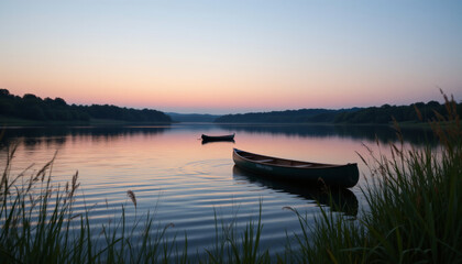 Tranquil lakeside scene at dusk featuring two boats gently floating on calm waters, surrounded by lush greenery and soft pastel sky. serene atmosphere evokes sense of peace and relaxation