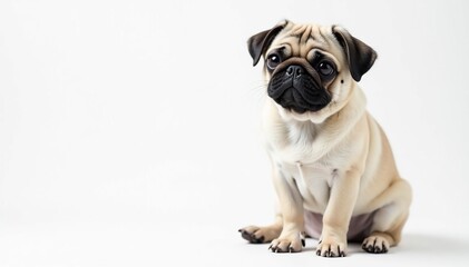 Obraz premium Adorable pug dog sits alone, white background, wrinkled, face
