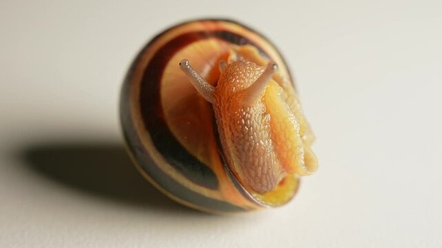 Snail slowly crawling out of shell detailed macro close up view.  Vineyard snail slimy mucus body, air-breathing land snail. Gastropod mollusc. Invasive species and an agricultural pest.
